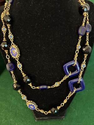 Robin Steele Gold Tone Filigree Blue Glass Crystal 40 L Chain Necklace Signed