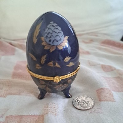 Cobalt Blue Porcelain Egg Trinket Box Footed with Floral Decoration