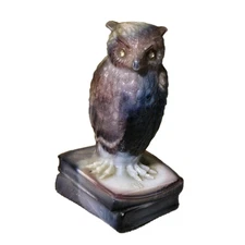 Westmoreland Purple White Vtg Slag Glass Wise Owl Books Rhinestone Eye Figure 3"