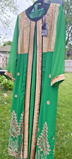 Green Gold Embroidered Kaftan Abaya Maxi Dress Formal Gown Size L NWT