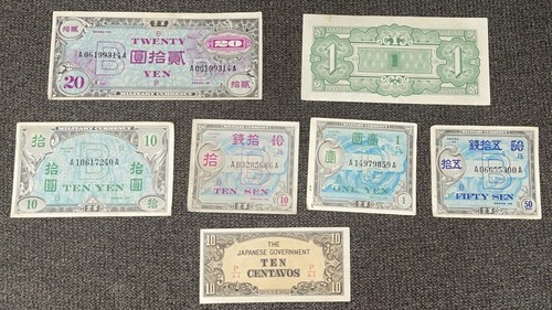 Lotto banconote giapponesi anni '40 7 pezzi Centavos rupia yen sen seconda guerra mondiale