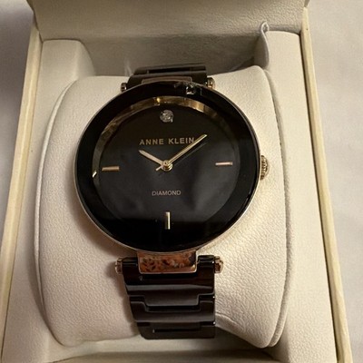 Anne Klein Diamond Women's Black Dial Gold/Black Bracelet Quartz Watch w/ Box