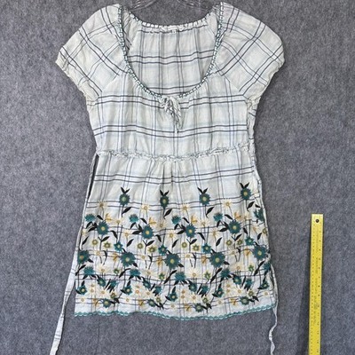 Rocha John Rocha Tunic Top Womens 16 White Green Blue Plaid Floral Embroidery