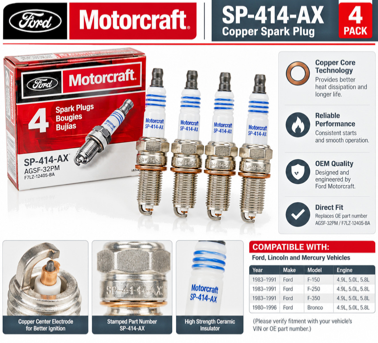 Motorcraft SP-414-AX Copper Spark Plugs Ford F100 F250 F350 Bronco 4 Pack