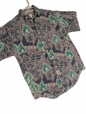 Arrow River Brand Hawaiian Leaf Print Button Front Shirt Blue Green Mens Medium