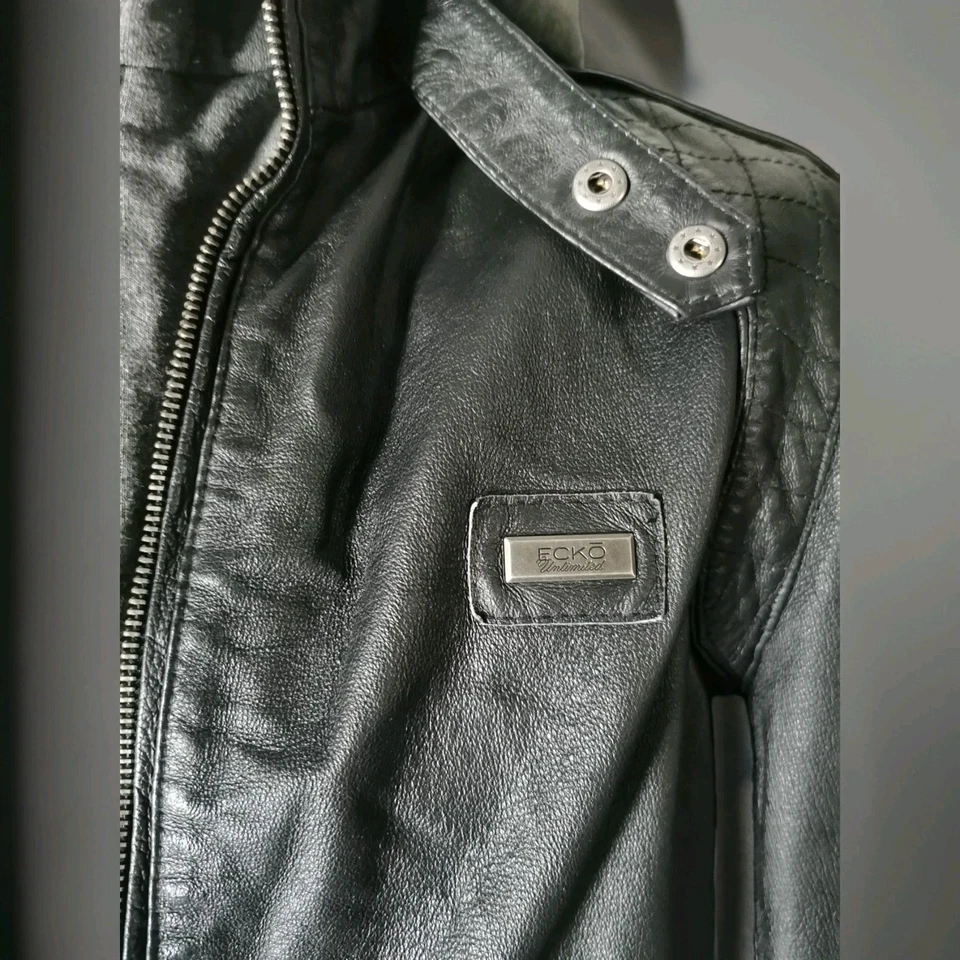 Mens Ecko Unltd Black Leather Jacket Detachable Hood Size Midium - Image 4 of 4