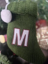 VINTAGE TARGET MINI GREEN KNIT EMBRODERED M CHRISTMAS STOCKING POM POM