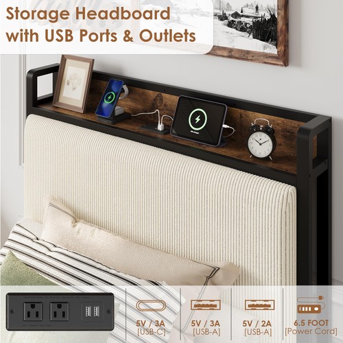 Twin Size Bed Frame Upholstered Platform W/ 2 Storage Drawers Charging Station - Picture 8 of 8