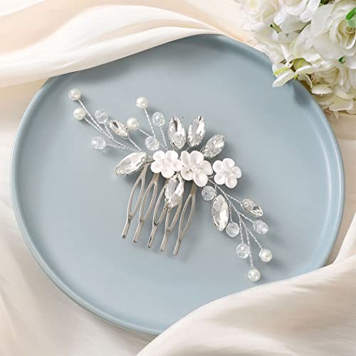 Crystal Bride Wedding Hair Comb Silver Rhinestone Flower Pearl Hair Accessory Amazon.com : Silver Flower Bridal Hair Comb Pearl Crystal  main image 3