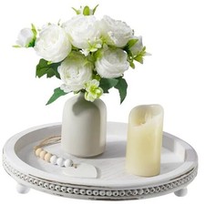 White Washed Round Wooden Tray, Beaded Tray for Coffee Table Weathered White