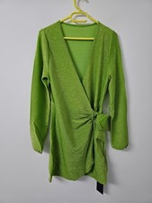 South Beach Mini Dress Womens XS EU36 Green Glitter Wrap Knot Front Metallic