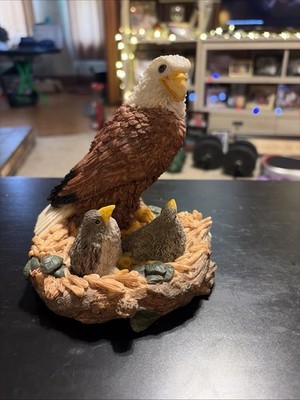Vintage Patriotic American Bald Eagle Nest With Nestlings Resin Statue