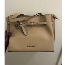 Michael Kors Pebbled Beige Satchel Top Handle Bag Buckle Accent Gold Hardware