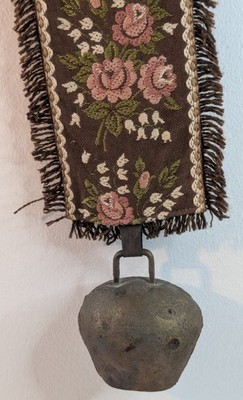 Vintage Swiss Trychel CowBell Hand Wrought Floral Tapestry Bell Pull Mid-Century