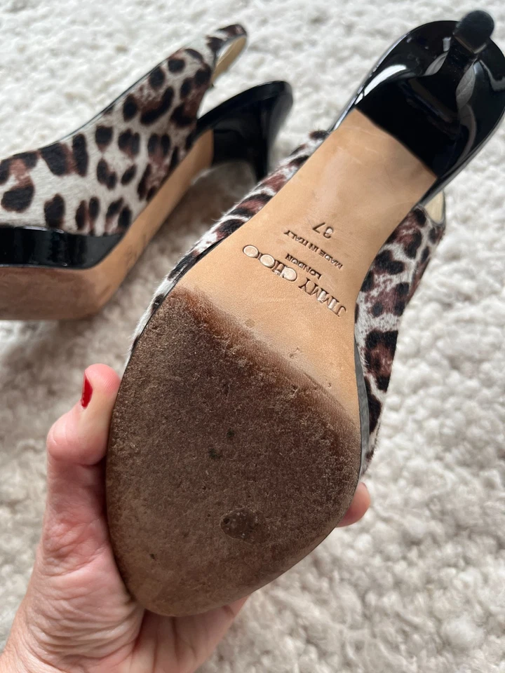 Jimmy Choo pelo de pantorrilla punta abierta tacones de leopardo plataforma negro marrón talla 37 Foto 4 de 4