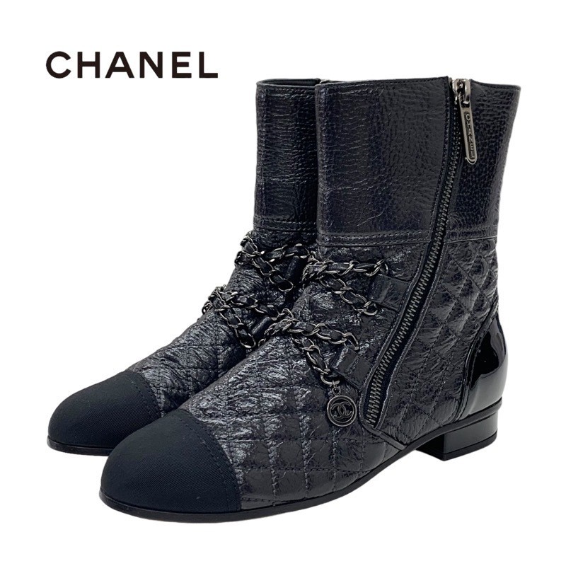 CHANEL ShortBoots Shoes Leather Black CocoMark Chain Size 34.5 US 3.5 Women