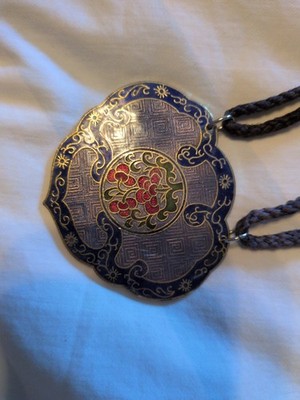 LG Cloisonne Brass Pendant Necklace Damaged Cord Vintage Jewelry Estate Find