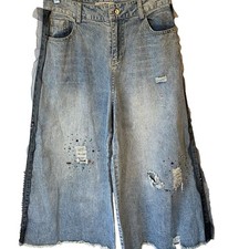 Vtg 90s Jeans Punk Grunge Destress Wide Leg High Rise Womens S Korea Design Blue