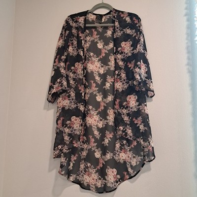 Nectar Clothing Black Pink Floral Kimono Boho Open Front Size  S/M 