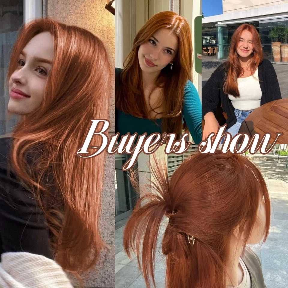 Peluca frontal de encaje sintético de cobre de longitud media cabello en capas jengibre peluca para mujer Foto 3 de 4