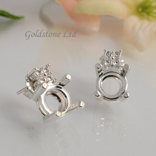 Two Sterling Silver Round 4-Prong Accented Earring Mounting (4-8mm) - Picture 8 of 8