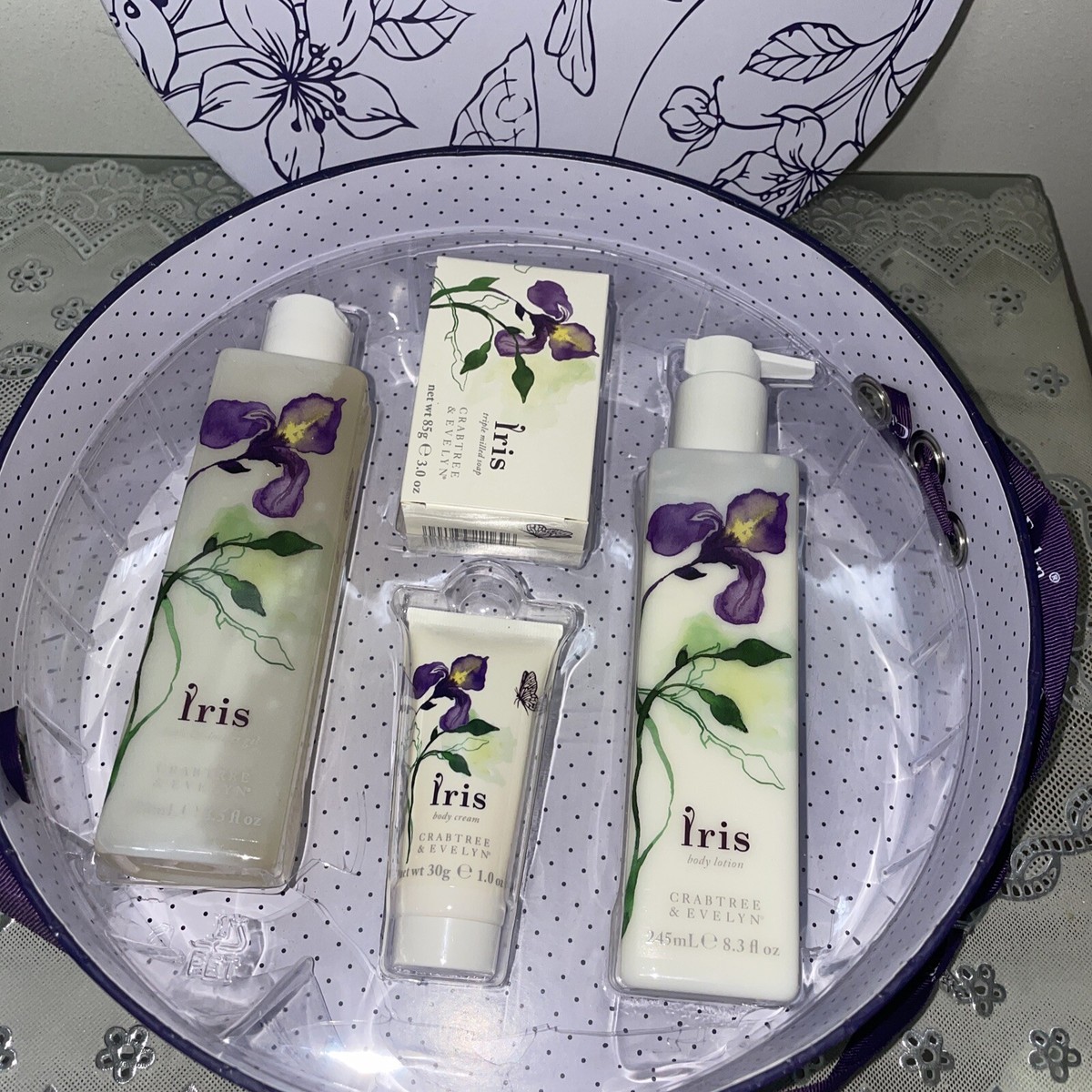 CRABTREE AND EVELYN IRIS GIFT SET, Body Cream, Lotion, Shower Gel, And Soap  New