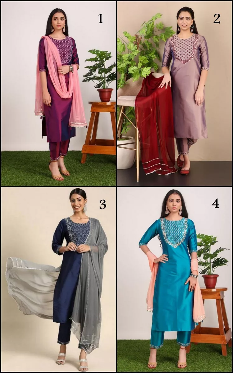Indian Art Silk Kurti Pant Party Wear Salwar Kameez Dupatta Set For Women SJ
