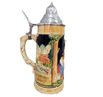 Vintage Auf der Alm da  Beer Stein Mug with Tin Lid - 9'' Hand Painted German