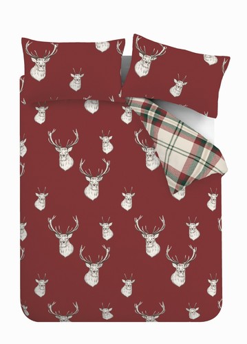 Catherine Lansfield Munro Stag Check Reversible Duvet Cover Bedding Set Red - Picture 23 of 41