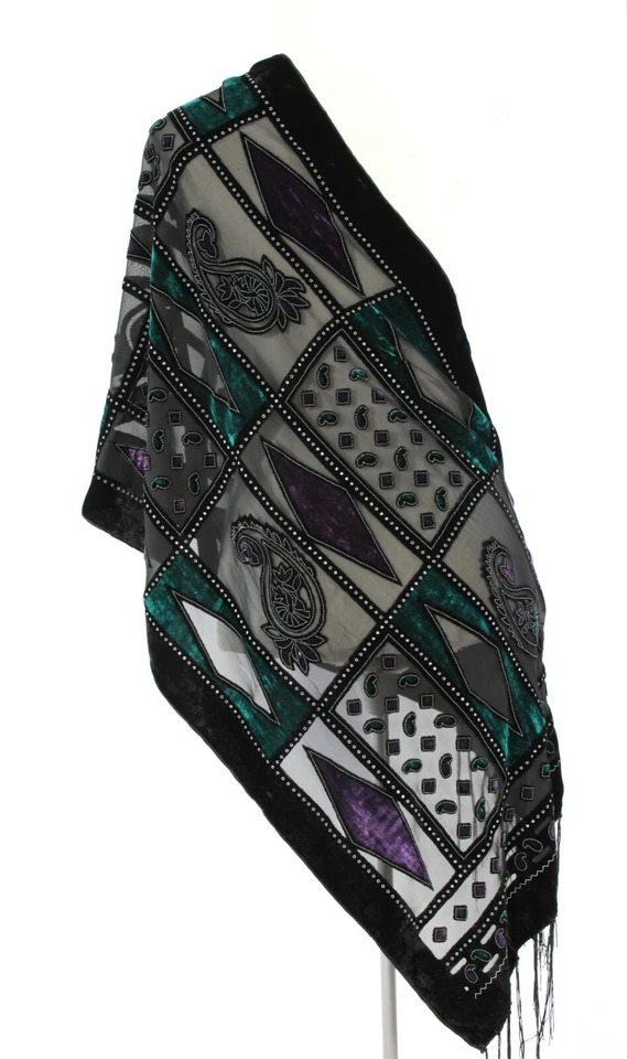 Gorgeous Emerald Green & Purple Silk Burnout Velvet Fringed Scarf Shawl Wrap - Image 4 of 4