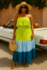 New Vibrant Strapless Tiered Maxi Summer Dress –See measurements one Sz fits mos