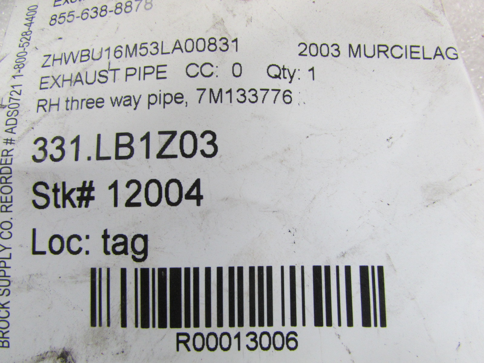 Lamborghini Murcielago, RH, Three Way Exhaust Pipe, Used, P/N 7M133776