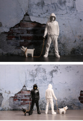 Black/Gray/White Banksy Trendy Man Playing with Dog Fashion