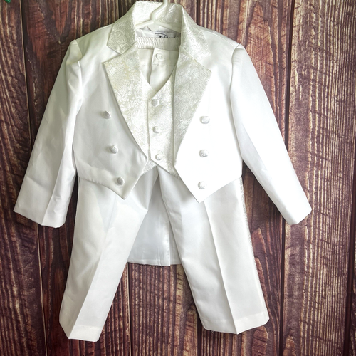 3-Piece Suit Boy Size 2XL Baptism Christening White Tuxedo Gold Embroidery Y.K.I