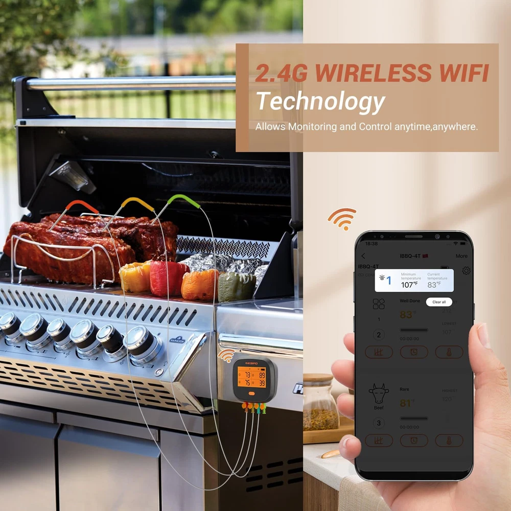 WiFi Meat Thermometer IBBQ-4T, Wireless WiFi BBQ Thermometer for Smoker, Oven...