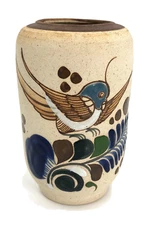 Tonala Art Pottery Vase Hand Painted Bird Ceramic Sandstone Mexican Folk Art