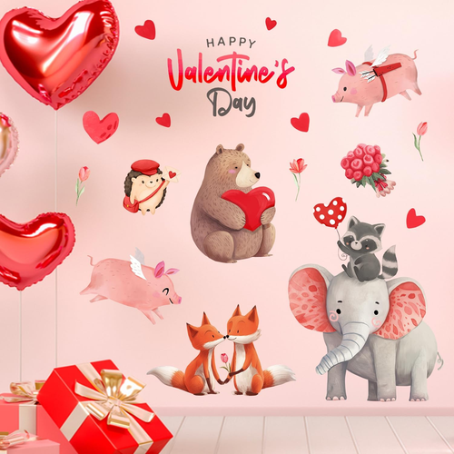 Happy Valentine'S Day Wall Decals Stickers, Valentine Animals Red Love Heart Flo - Picture 6 of 12