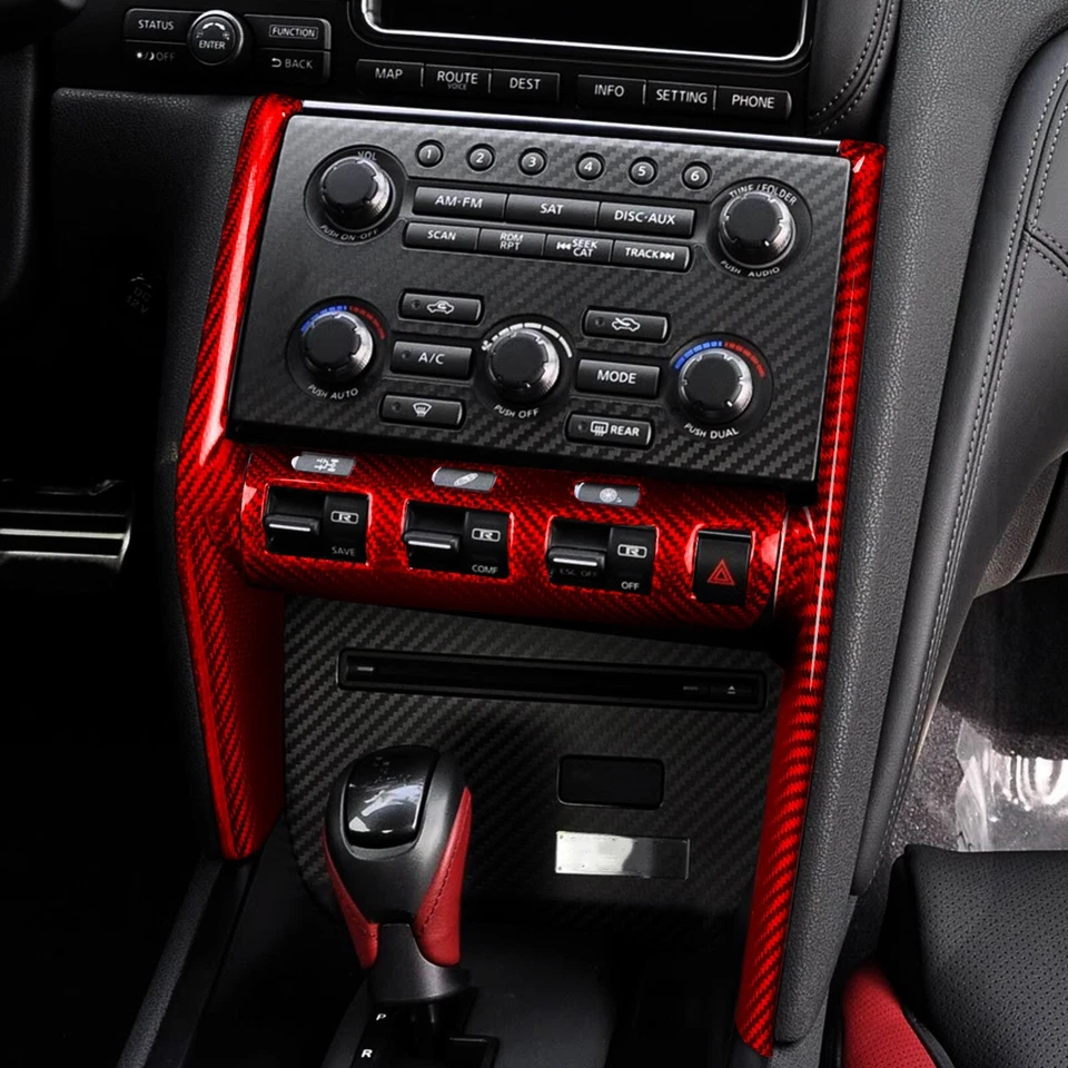 Cubierta de panel de interruptor VDC de consola de fibra de carbono seca roja para Nissan GT-R R35 2008-16 Foto 4 de 4