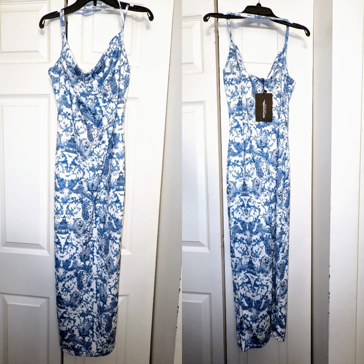 blue porcelain print dress High quality midi flare sleeve cold shoulder Blue and White porcelain print dress Blue / XL main image 1