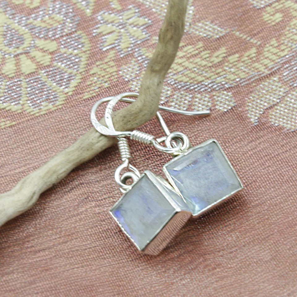 Pietra di Luna Orecchini Vero Argento 925 Pendenti Quadrato Cutstone Moderno - Immagine 2 di 4