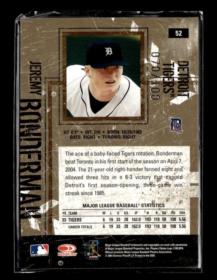 Donruss 2004 cuero y madera #52 Jeremy Bonderman plata #/100 Foto 2 de 2