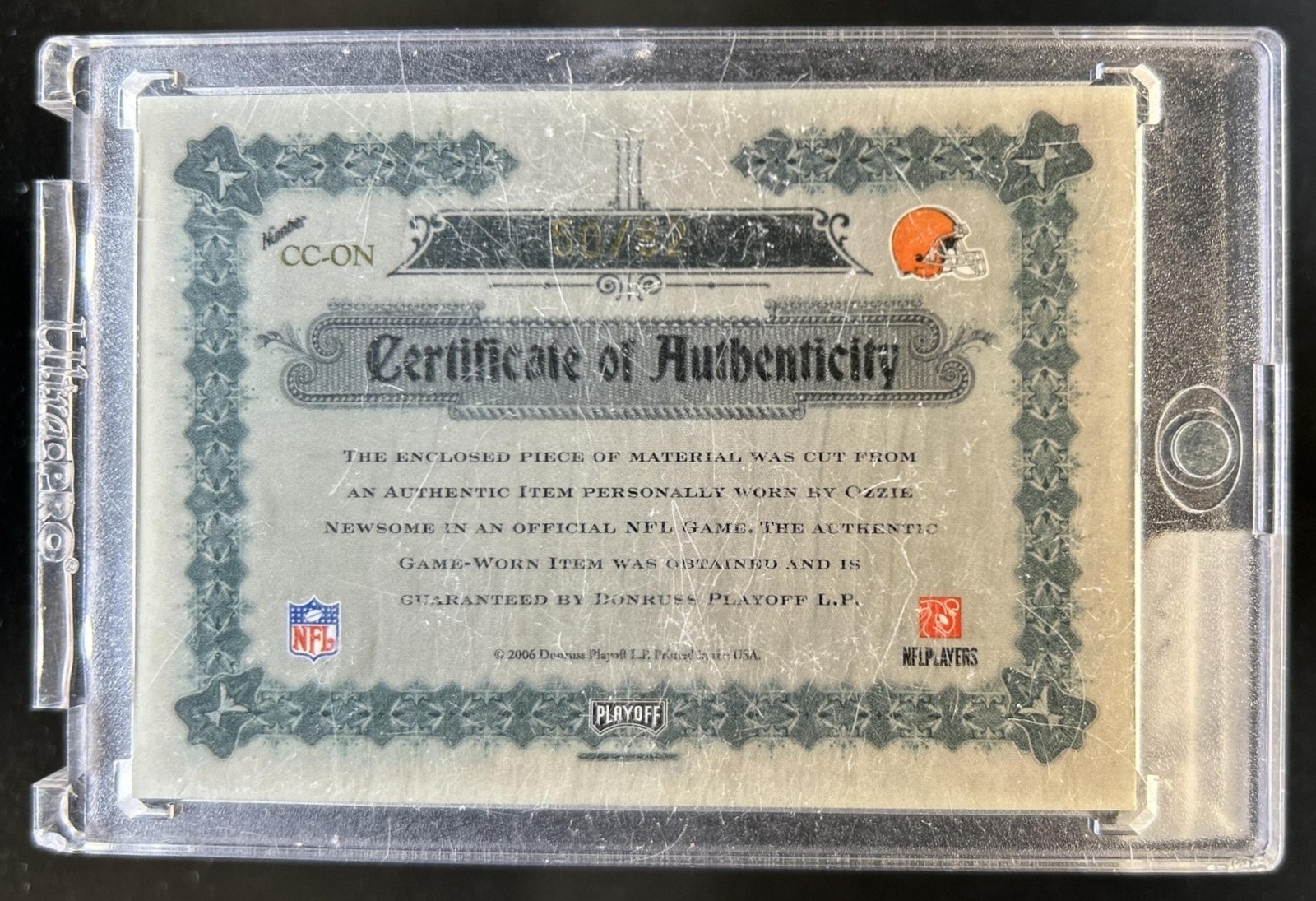 2006 National Treasures Ozzie Newsome Canton Classics Number Patch Auto #/82 view 2
