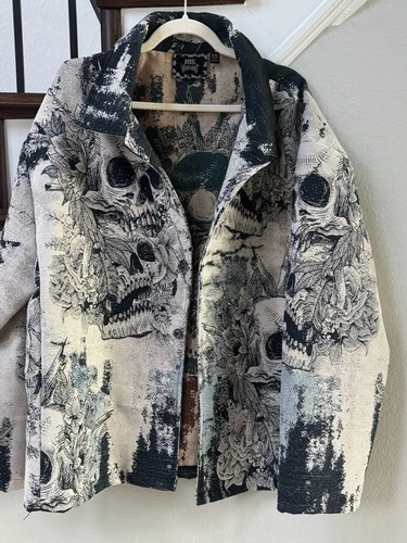Rebel Vengeance XXL Skull Floral Tapestry Button Front Jacket Black Cream NWOT - product listing photo