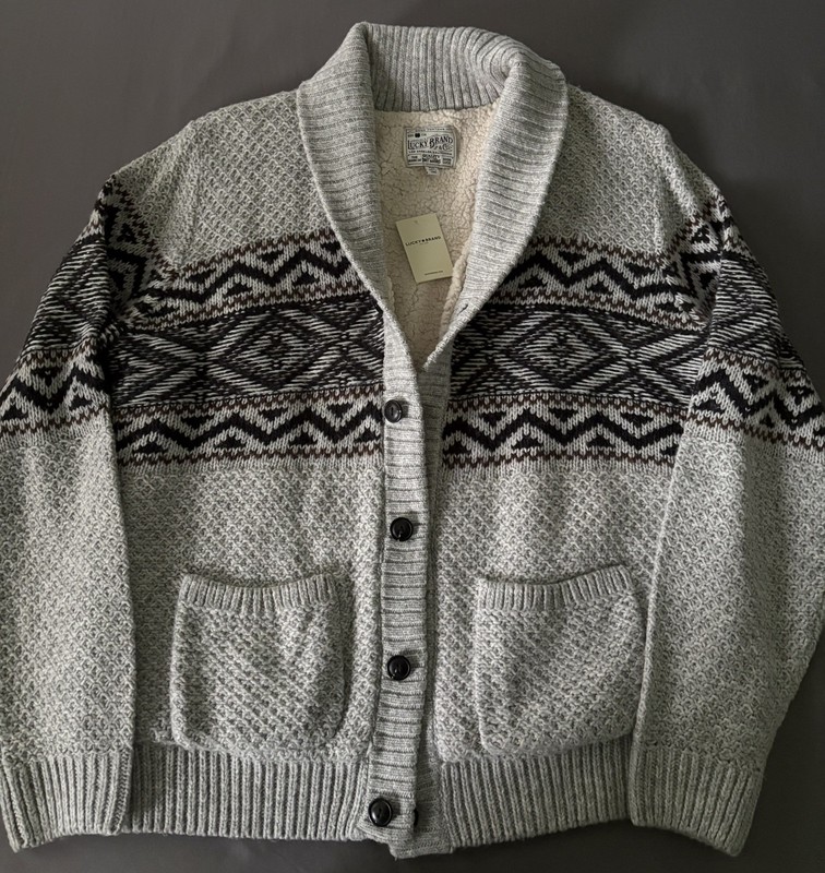 Lucky Brand Men’s XXL Sherpa Lined Aztec Knit Shawl Collar Cardigan Sweater 