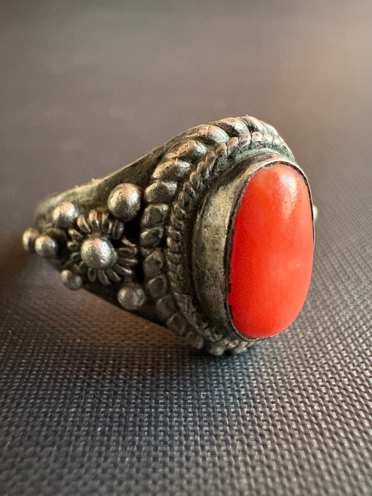 Antique Silver Berber Red Coral Ring Old Handmade Ring Size 6.75 US