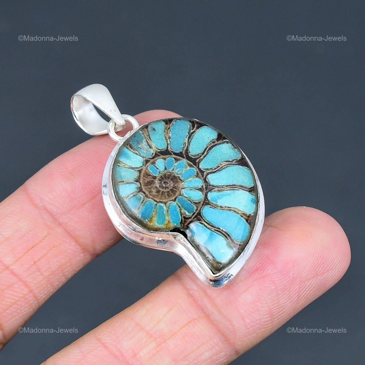 Blue Turquoise In Ammonite Fossil Gemstone Bezel New Pendant 925