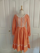 Vtg 1970s Prairie Style Long Sleeve Midi Dress Peach Orange Cottagecore Medium