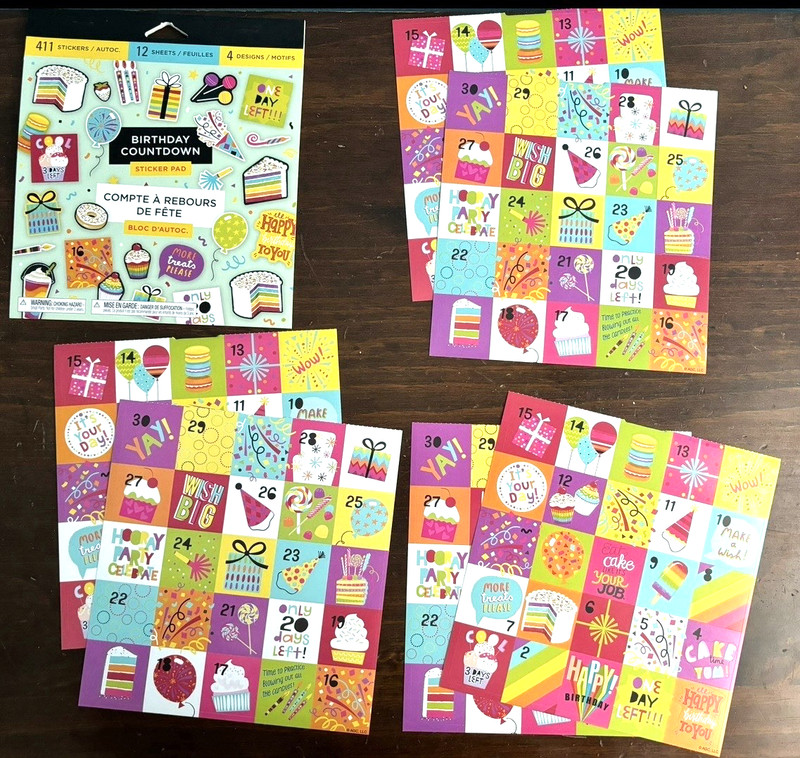 FREE SHIP! Birthday Countdown Stickers - 3 sets - 150 stickers