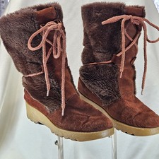 Vintage 70-80s Lace-up Suede / Faux Fur Winter Snow Boots Women's 9