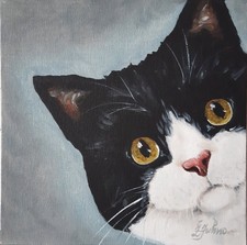 Peinture à l'huile originale chat noir art animalier 8 x 8 yeux verts chat be...